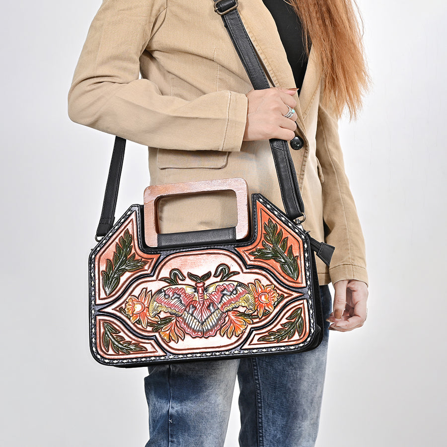 American Darling Hand-Tooled Cross body Bag, Floral Carved Buck Stitched Genuine Leather Western Handbag, YKK Zipper