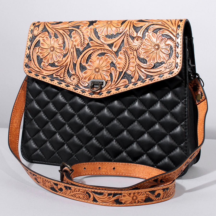 American Darling Hand-Tooled Floral Cross body Bag - Quilted Western Leather Purse - Uhorse