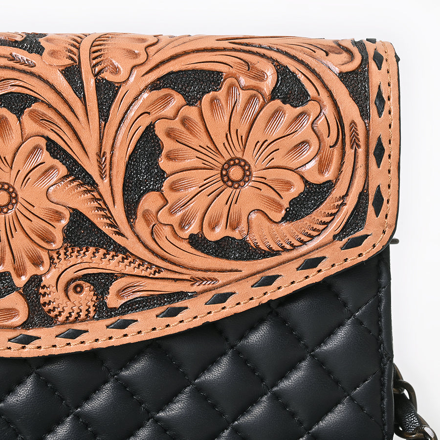 American Darling Hand-Tooled Wallet Bag, Quilted Floral Carved Genuine Leather Western Purse, YKK Zipper
