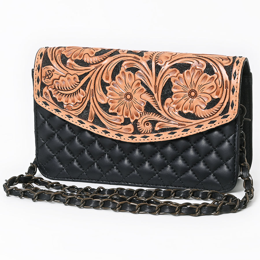 American Darling Hand-Tooled Floral Wallet Bag - Quilted Western Leather Crossbody - Uhorse