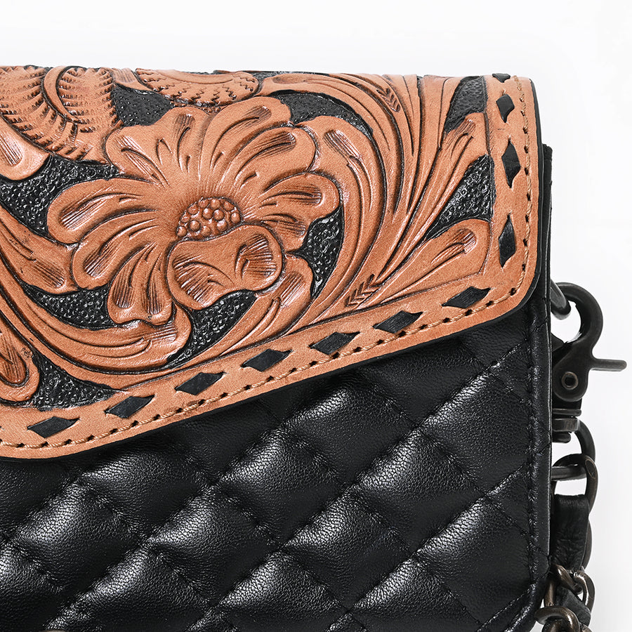 American Darling Small Cross body Bag, Quilted Floral Carved Genuine Leather Western Purse, YKK Zipper