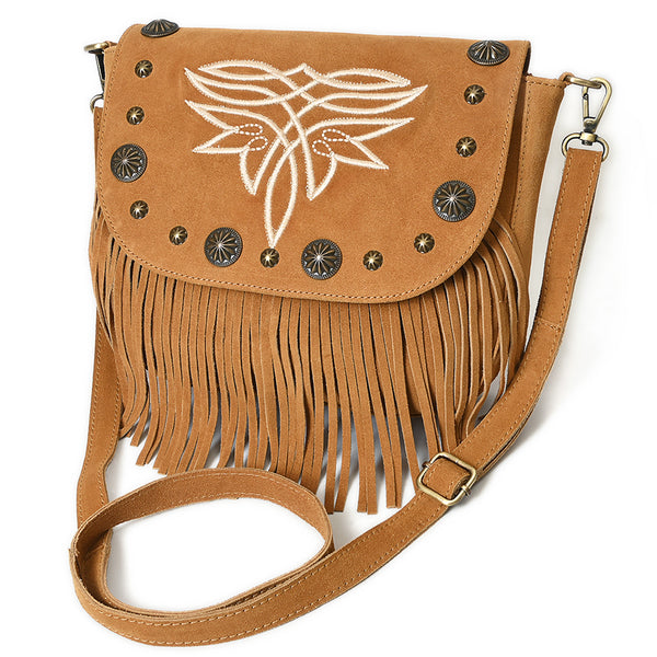 American Darling Genuine Suede Leather Fringe Cross body Bag with Embroidery - Uhorse