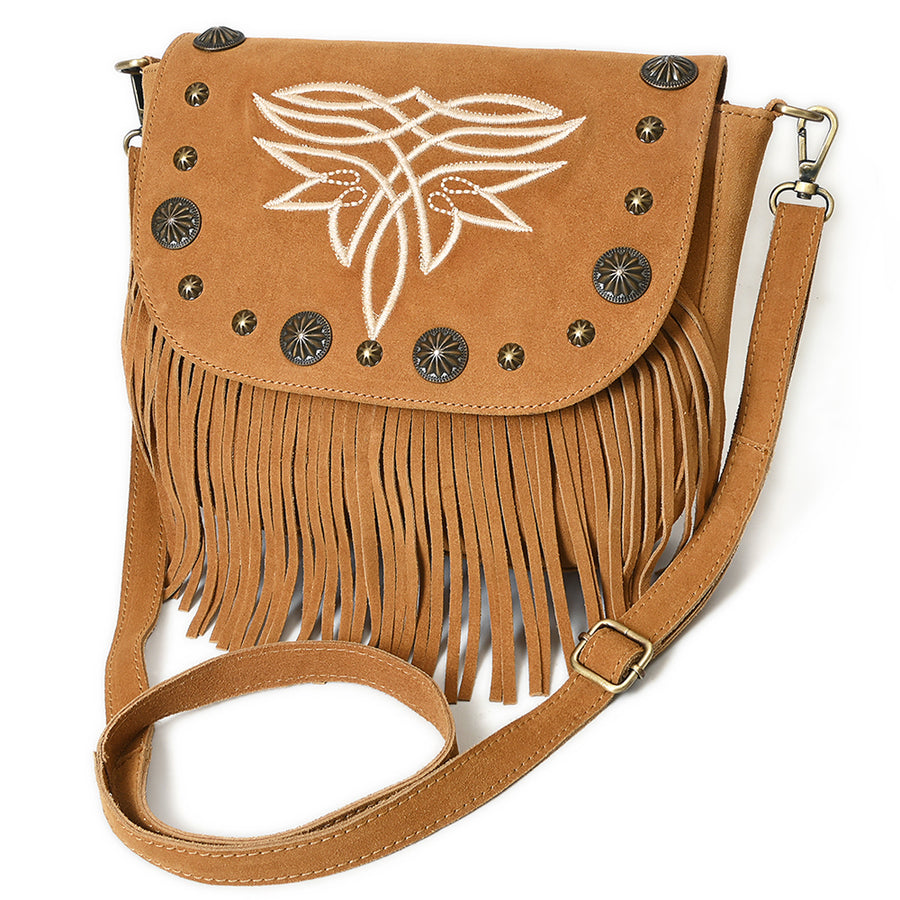 American Darling Genuine Suede Leather Fringe Cross body Bag with Embroidery - Uhorse