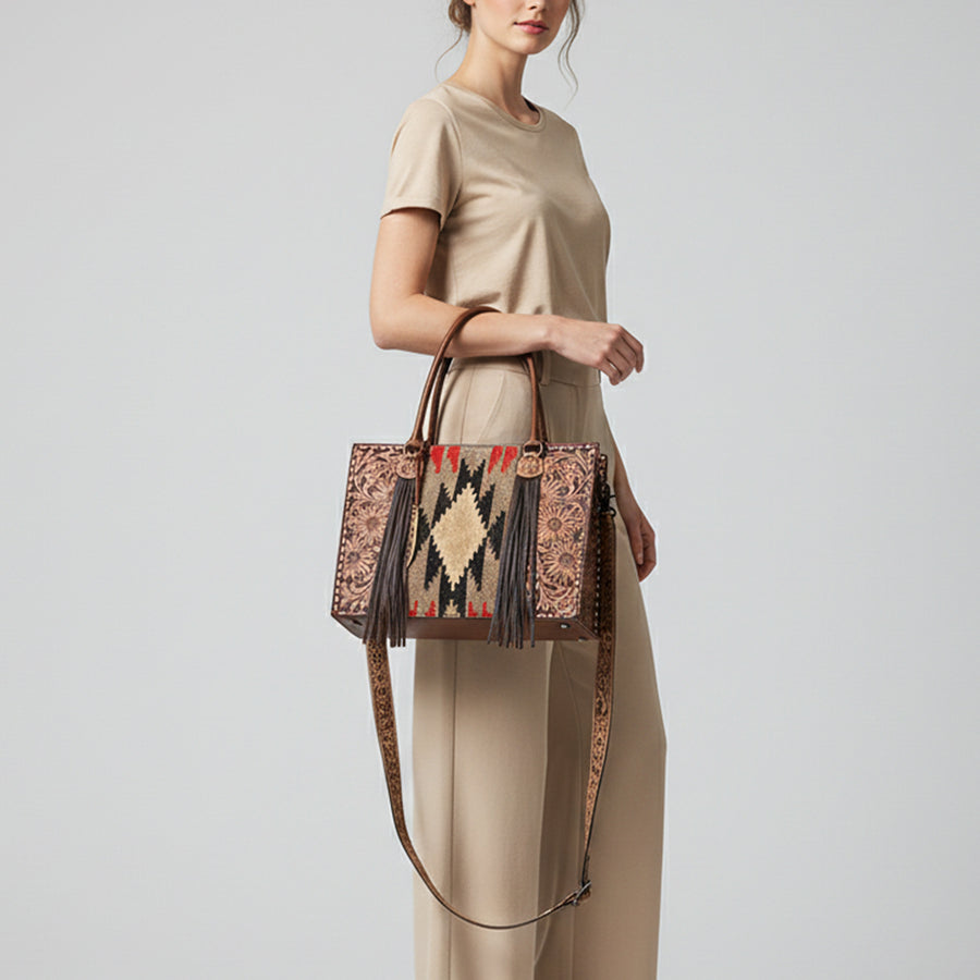 American Darling Hand-Tooled Handcrafted Tote Bag, Floral Carved & Woven Saddle Blanket Leather Western Purse with Fringes
