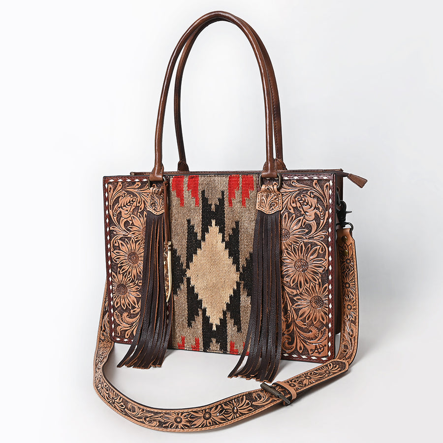 American Darling Hand-Tooled Floral Tote Bag - Woven Saddle Blanket Western Leather Purse - Uhorse