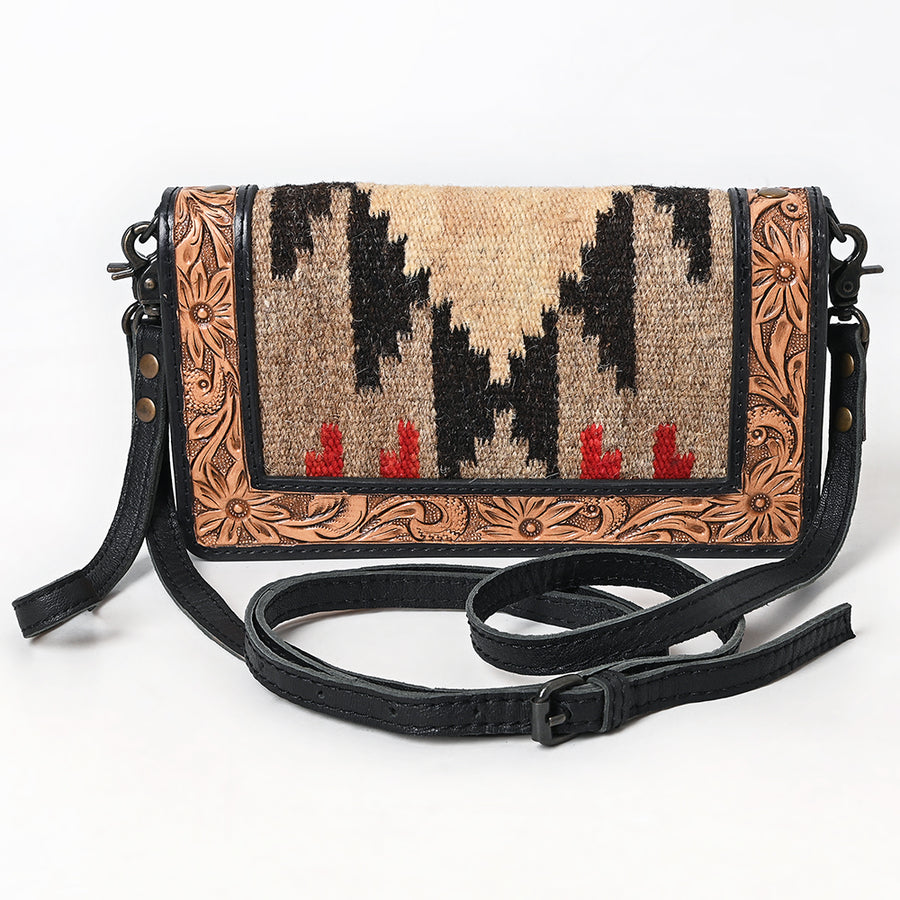 American Darling Organiser Bag, Hand Tooled Floral Carved & Hand Woven Saddle Blanket Genuine Leather Western Purse, 9in Wide