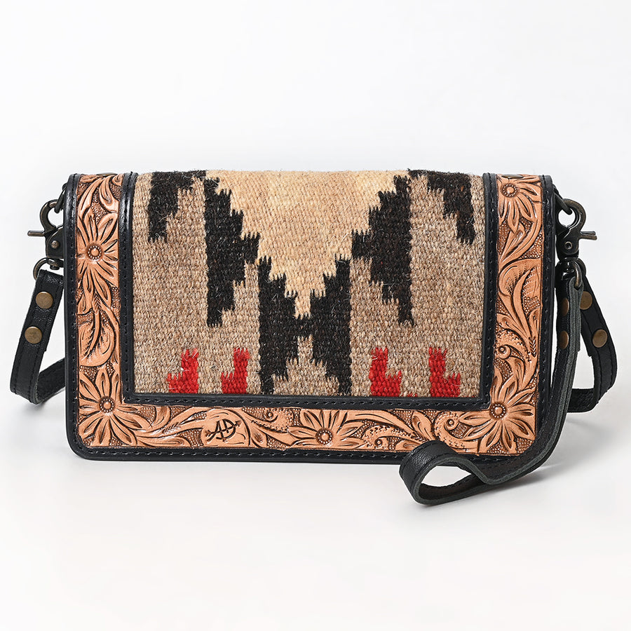 American Darling Organiser Bag, Hand Tooled Floral Carved & Hand Woven Saddle Blanket Genuine Leather Western Purse, 9in Wide