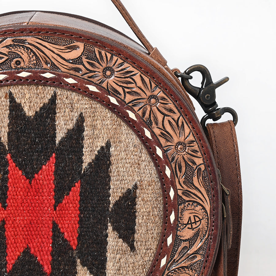 American Darling Canteen Bag, Hand Tooled Floral & Hand-Woven Saddle Blanket Genuine Leather Western Purse, 10in Round