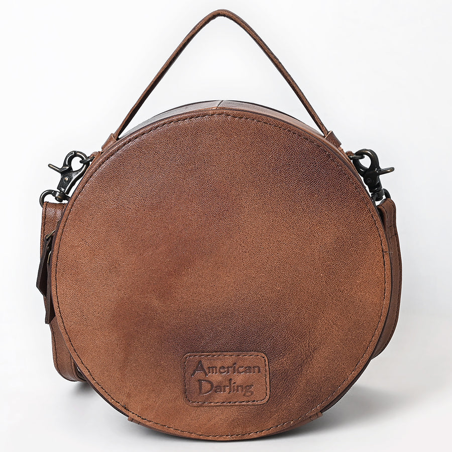 American Darling Canteen Bag, Hand Tooled Floral & Hand-Woven Saddle Blanket Genuine Leather Western Purse, 10in Round