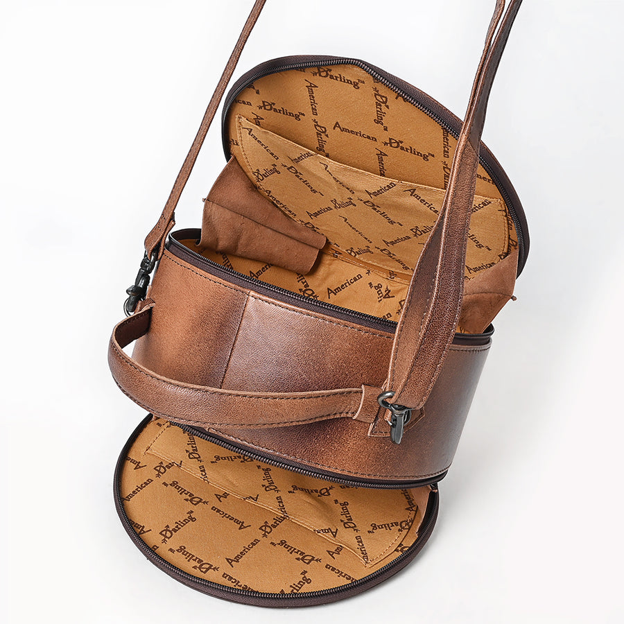 American Darling Canteen Bag, Hand Tooled Floral & Hand-Woven Saddle Blanket Genuine Leather Western Purse, 10in Round