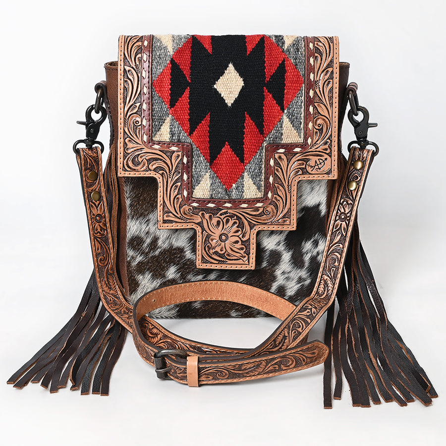 American Darling Messenger Bag, Hand Tooled Floral Carved & Hand Woven Saddle Blanket Cowhide Western Purse with Fringes