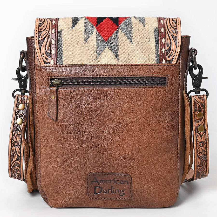 American Darling Messenger Bag, Hand Tooled Floral Carved & Hand Woven Saddle Blanket Cowhide Western Purse with Fringes