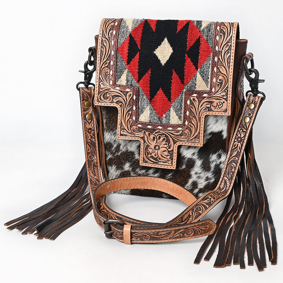 American Darling Hand Tooled Floral Messenger Bag - Cowhide and Saddle Blanket Western Purse - Uhorse
