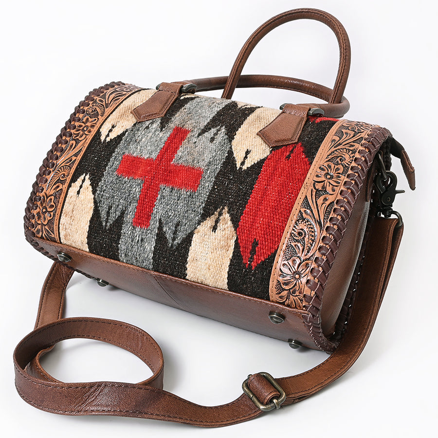 American Darling Tote Bag, Hand Tooled Floral Carved & Woven Saddle Blanket Genuine Leather Western Purse