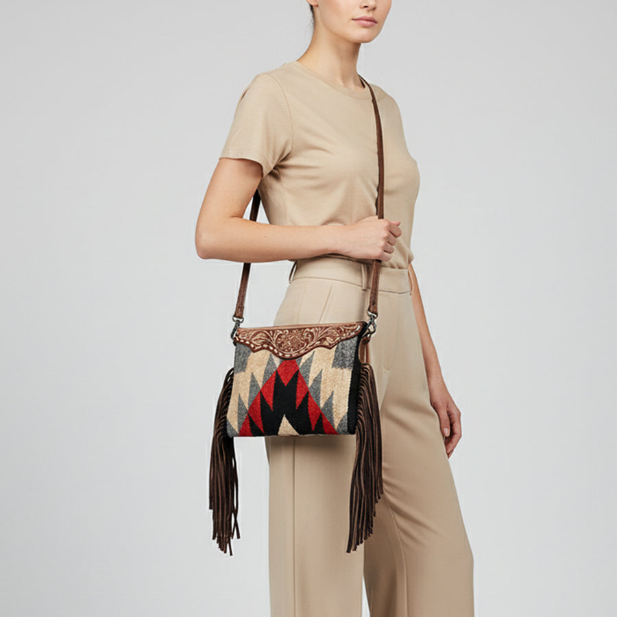 American Darling Cross body Bag, Hand Tooled Floral Leather & Woven Saddle Blanket Western Purse with Fringes, 10in Wide