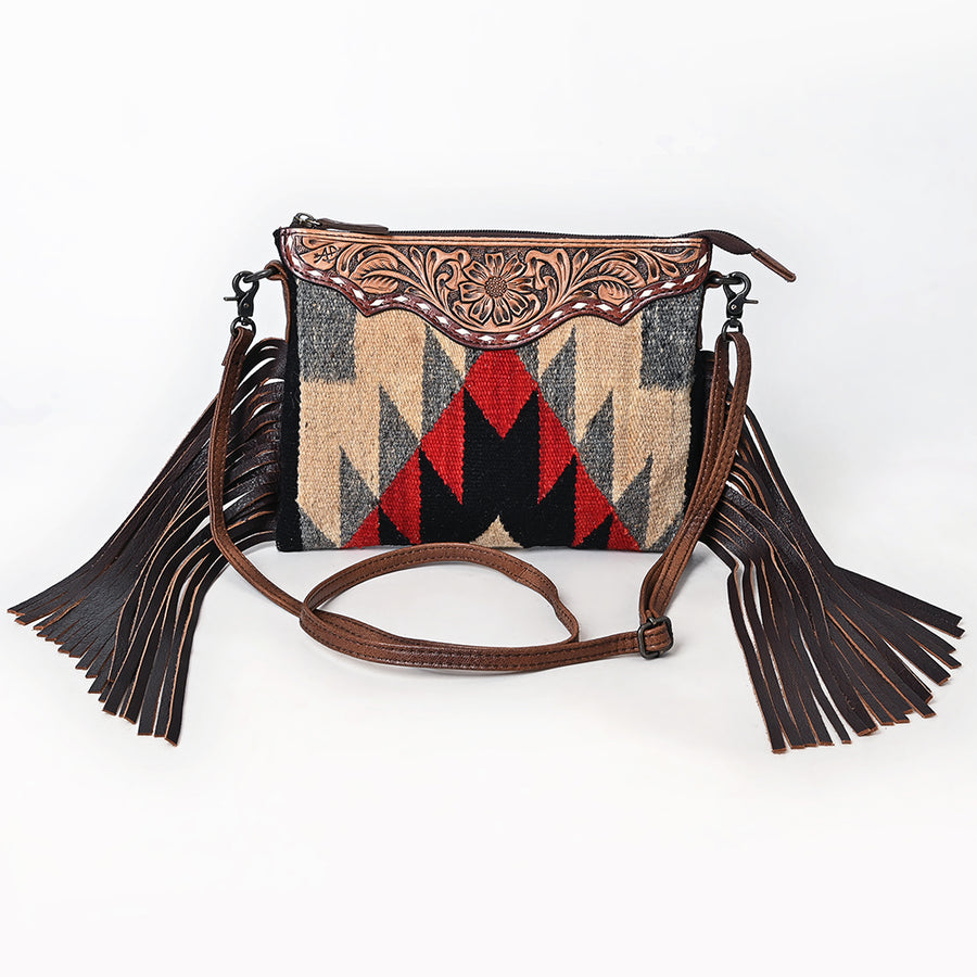American Darling Cross body Bag, Hand Tooled Floral Leather & Woven Saddle Blanket Western Purse with Fringes, 10in Wide