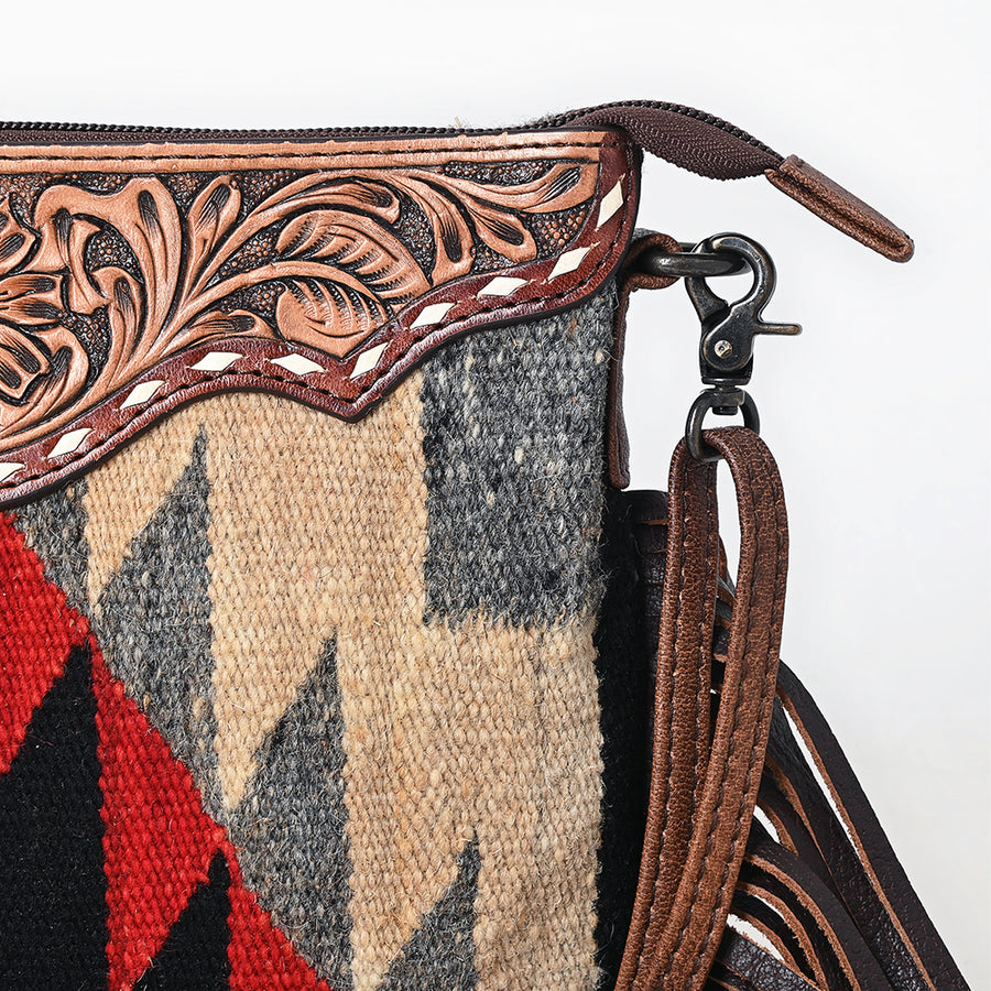 American Darling Cross body Bag, Hand Tooled Floral Leather & Woven Saddle Blanket Western Purse with Fringes, 10in Wide
