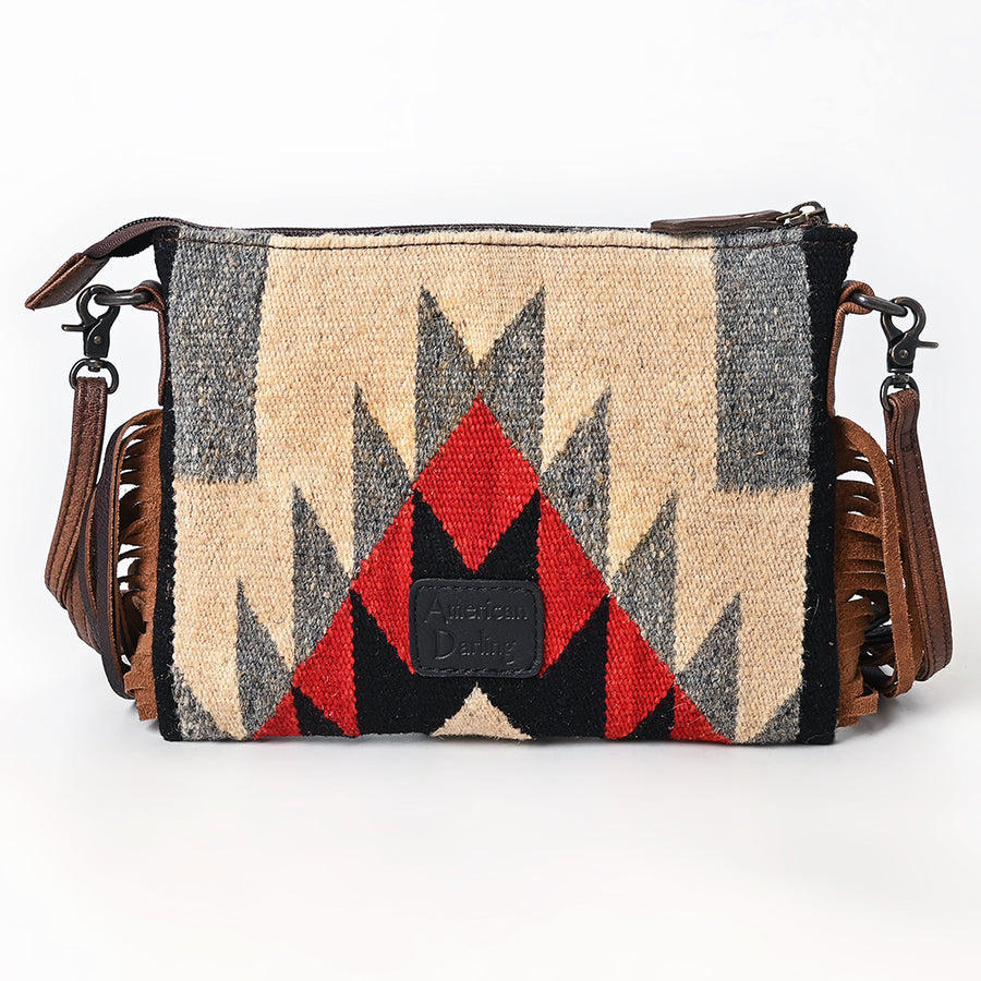 American Darling Cross body Bag, Hand Tooled Floral Leather & Woven Saddle Blanket Western Purse with Fringes, 10in Wide