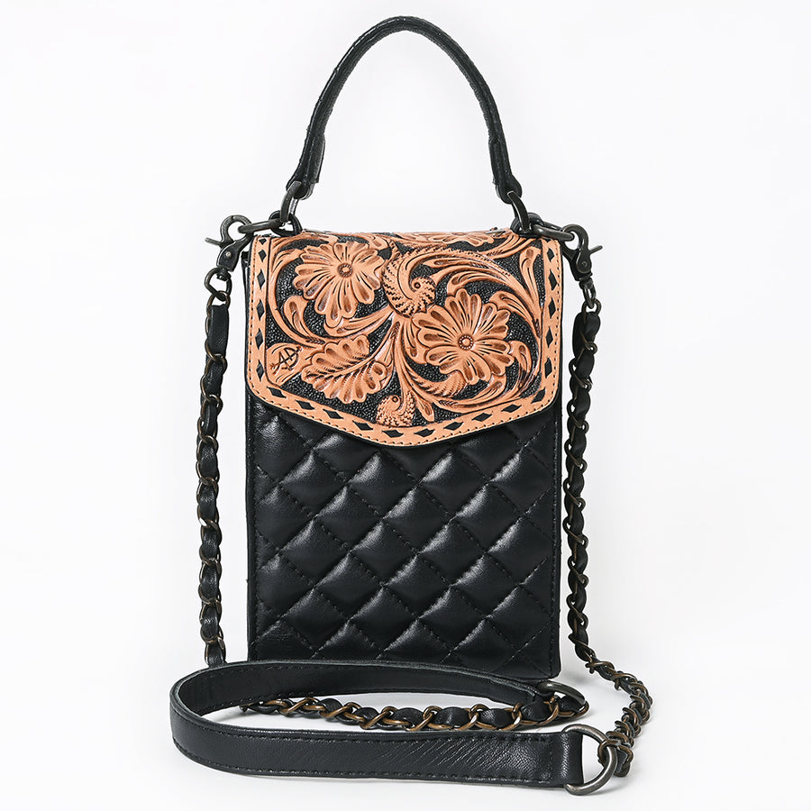 American Darling Hand Tooled Cell Phone Case, Quilted Floral Carved Genuine Leather Western Purse, YKK Zipper