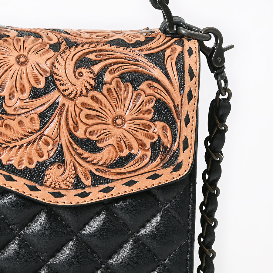 American Darling Hand Tooled Cell Phone Case, Quilted Floral Carved Genuine Leather Western Purse, YKK Zipper