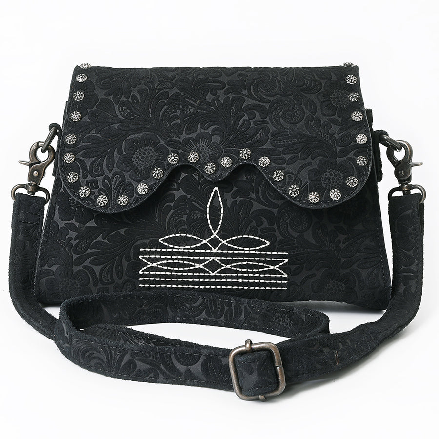 American Darling Small Cross body Bag, Rivets Embossed Damascus Genuine Leather Western Purse with Boot Stitching
