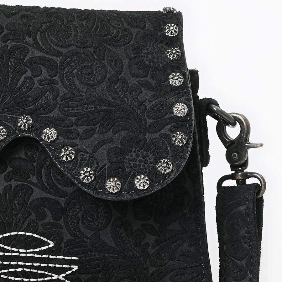 American Darling Small Cross body Bag, Rivets Embossed Damascus Genuine Leather Western Purse with Boot Stitching