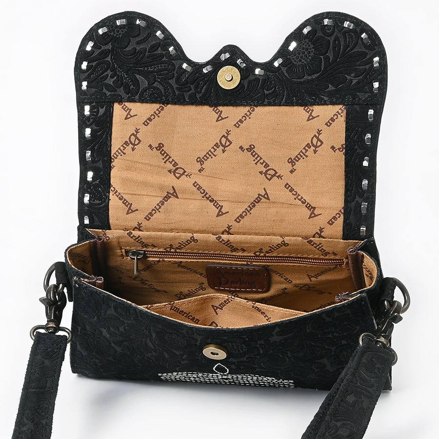 American Darling Small Cross body Bag, Rivets Embossed Damascus Genuine Leather Western Purse with Boot Stitching