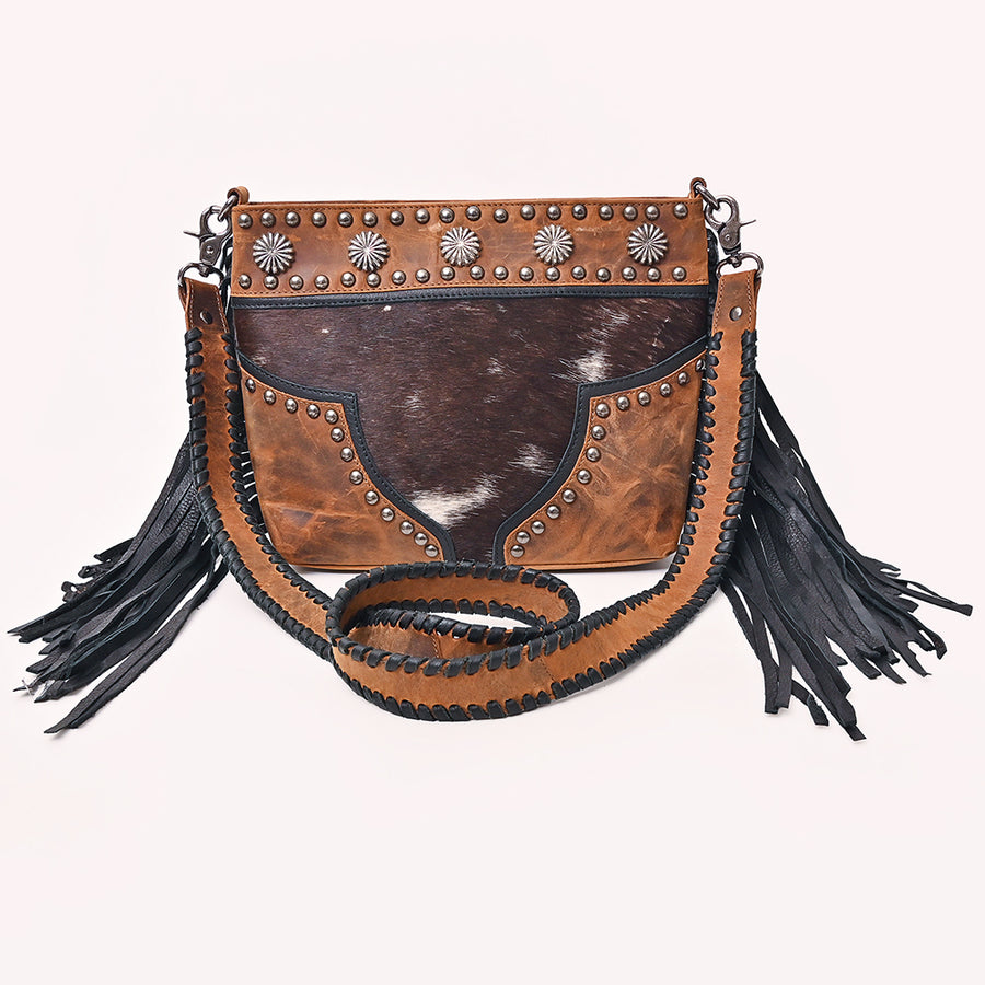 American Darling Cross body Bag Western Hair-On Cowhide Leather Purse with Fringes Concho and Braided Detailing