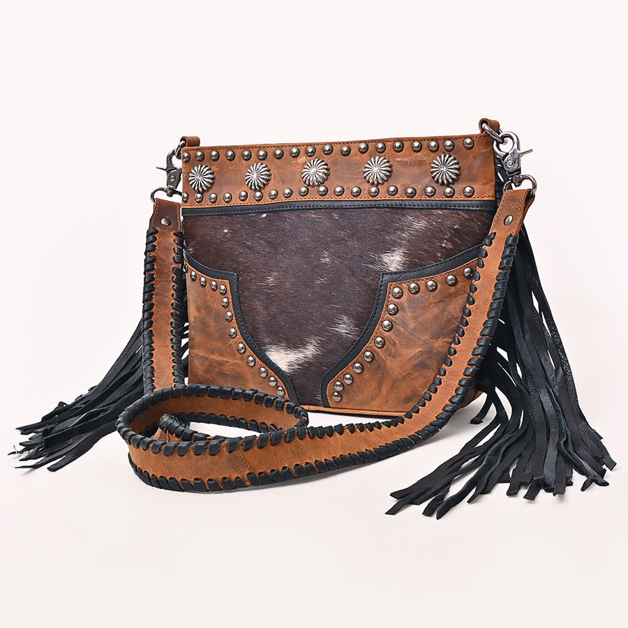 American Darling Hair-On Cowhide Cross body Bag with Fringes and Concho - Uhorse
