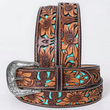 Medium American Darling Floral Hand Carved Men and Women Genuine American Leather Belt Brown / Turquoise Gorgeous - Uhorse
