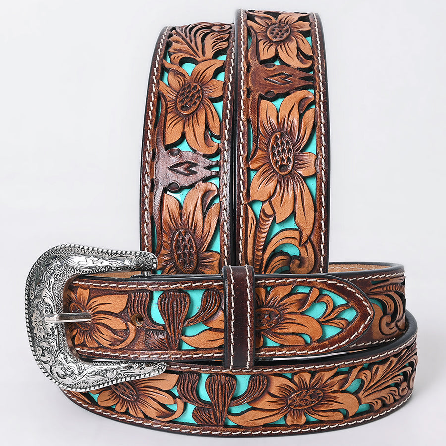 X-Large American Darling Floral Hand Carved Men and Women Genuine American Leather Belt Brown / Turquoise Gorgeous - Uhorse