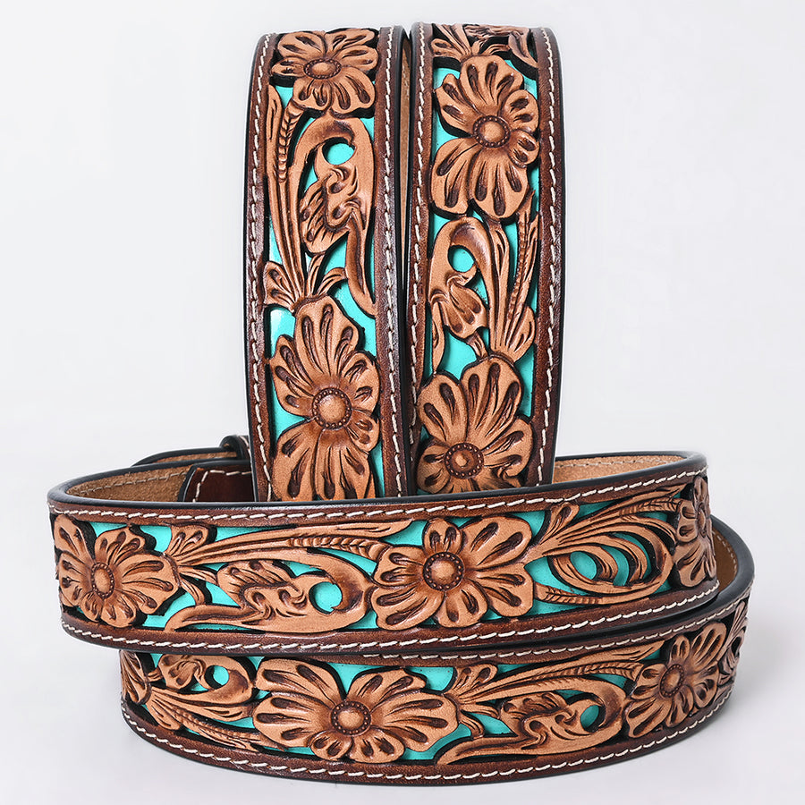 American Darling Floral Hand Carved Painted Belt Buckle Genuine Leather Covered Stylish Brown | Western