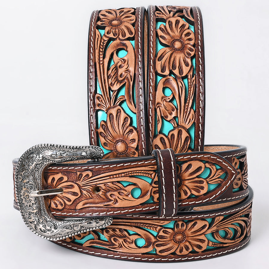 Small American Darling Floral Hand Carved Men and Women Genuine American Leather Belt Brown / Turquoise Gorgeous - Uhorse