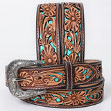 Large American Darling Floral Hand Carved Men and Women Genuine American Leather Belt Brown / Turquoise Gorgeous - Uhorse