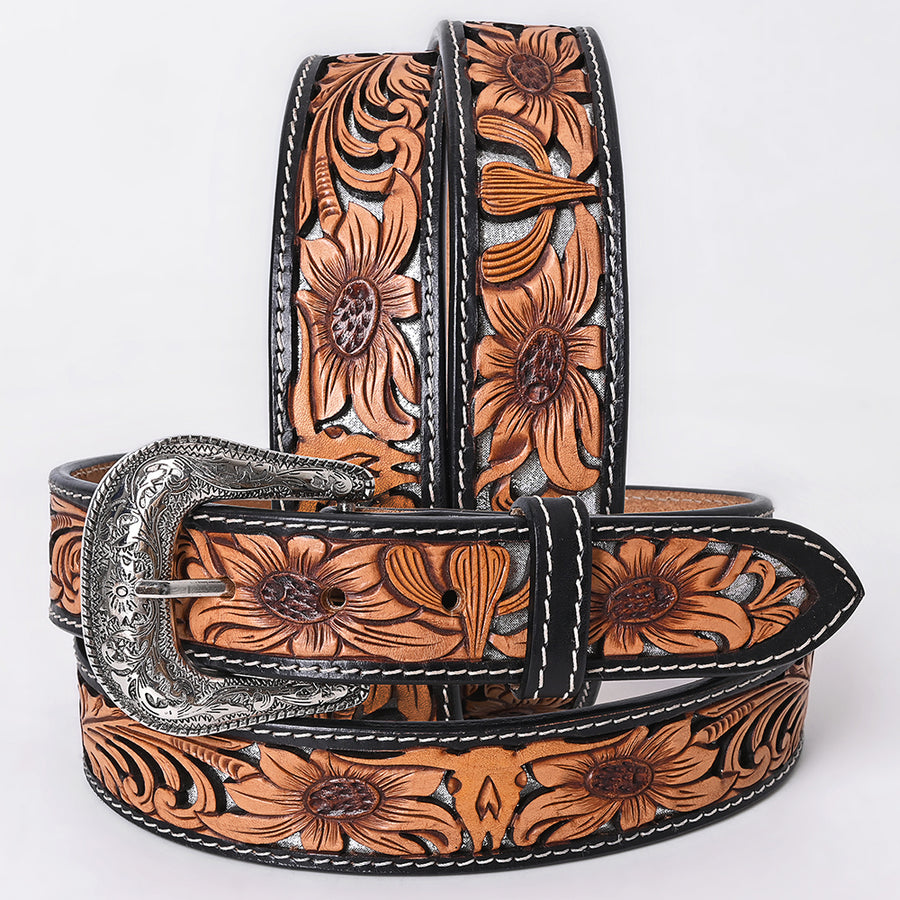 Medium American Darling Floral Hand Carved Men and Women Genuine American Leather Belt Brown / Gray Gorgeous Hand - Uhorse