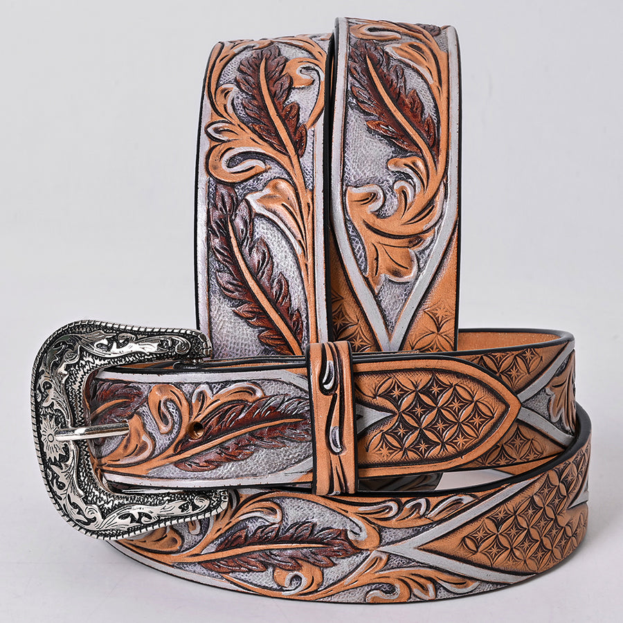 X-Large American Darling Leaf Hand Carved Men and Women Genuine American Leather Belt Brown / Gray Gorgeous Hand - Uhorse