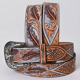 X-Large American Darling Leaf Hand Carved Men and Women Genuine American Leather Belt Brown / Gray Gorgeous Hand - Uhorse