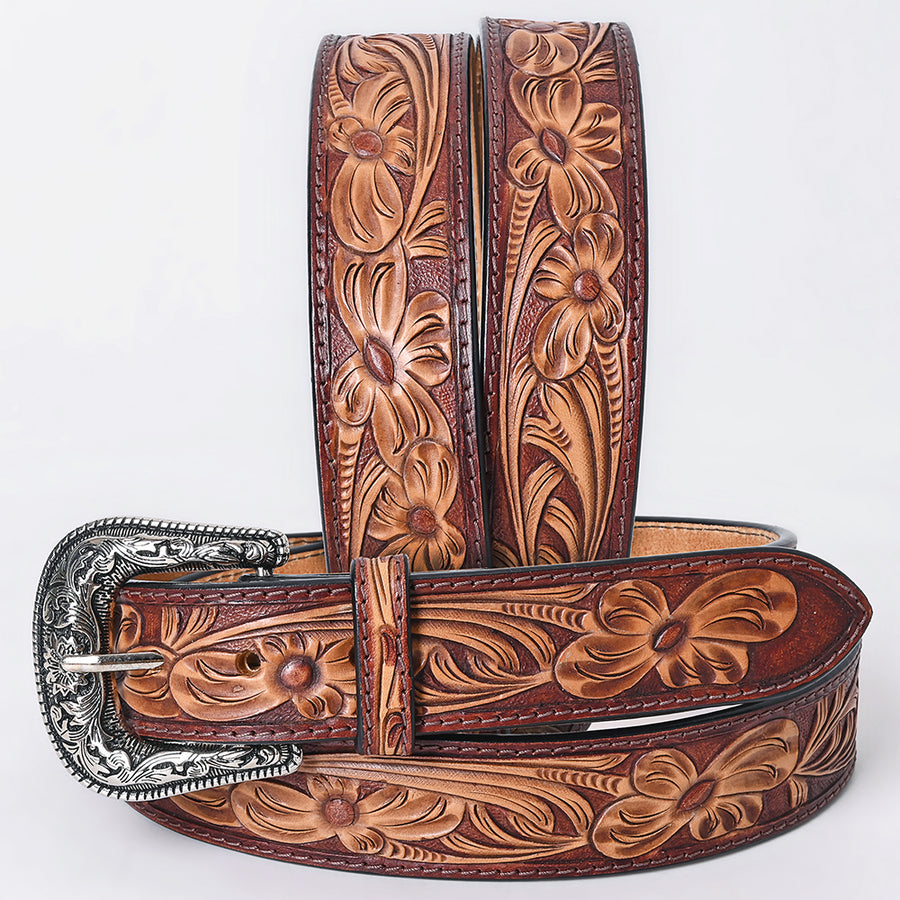 Small American Darling Floral Hand Carved Men and Women Genuine American Leather Belt Brown Gorgeous Hand Tooled - Uhorse