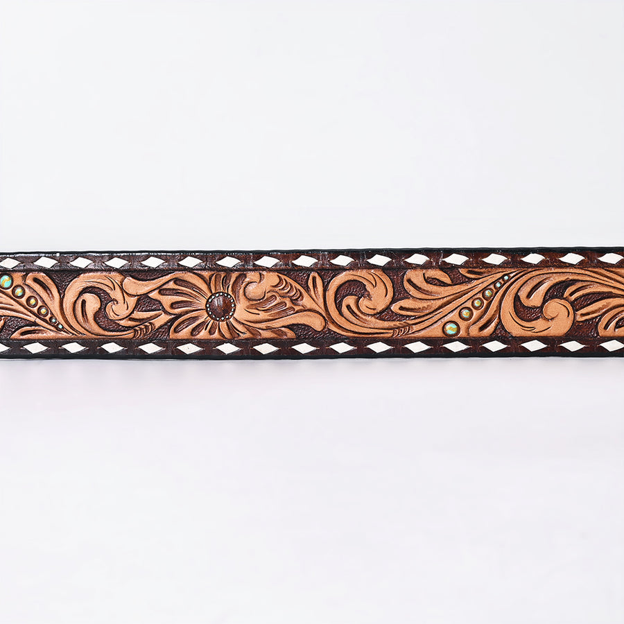 American Darling Floral Hand Carved Painted Belt Buckle Genuine Leather Covered Stylish Brown | Western