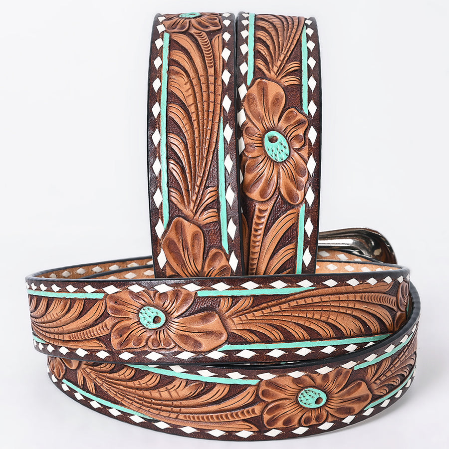 American Darling Floral Hand Carved Painted Belt Buckle Genuine Leather Covered Stylish Brown | Western