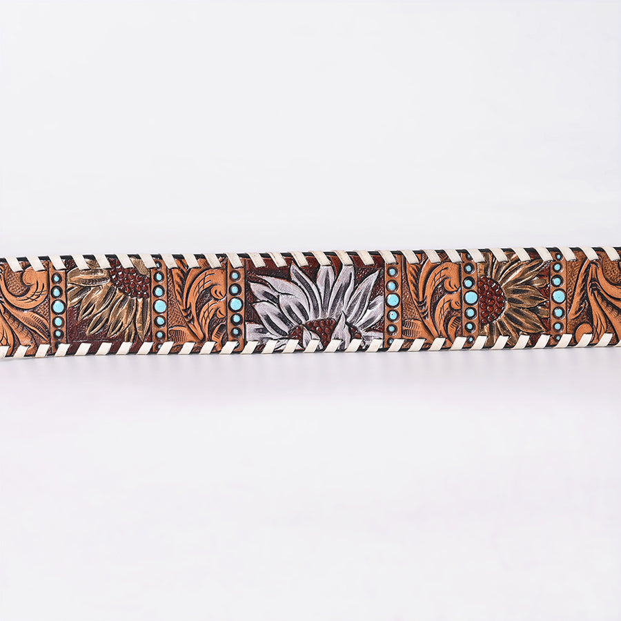 American Darling Floral Hand Carved Painted Belt Buckle Genuine Leather Covered Stylish Brown | Western