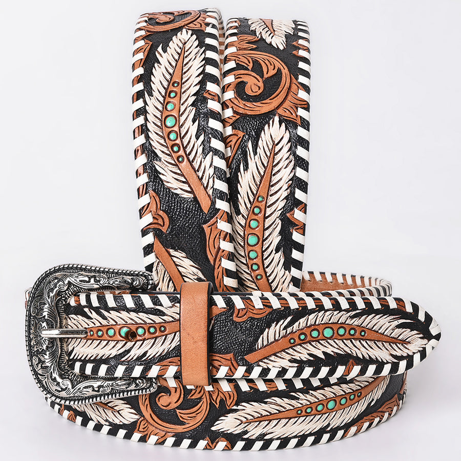 medium American Darling Leaf Hand Carved Men Women Genuine American Leather Belt Brown Black Inlay Gorgeous Hand - Uhorse
