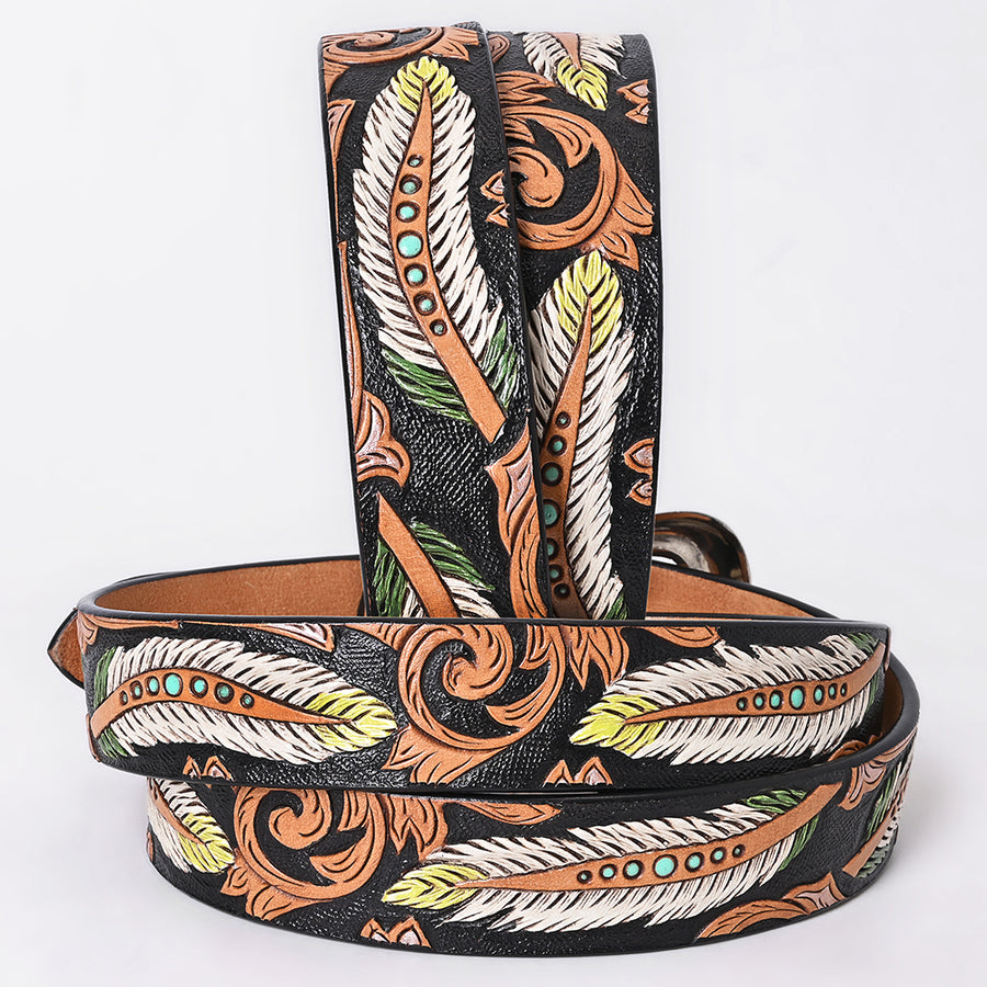 American Darling Floral Hand Carved Painted Belt Buckle Genuine Leather Covered Stylish Brown | Western