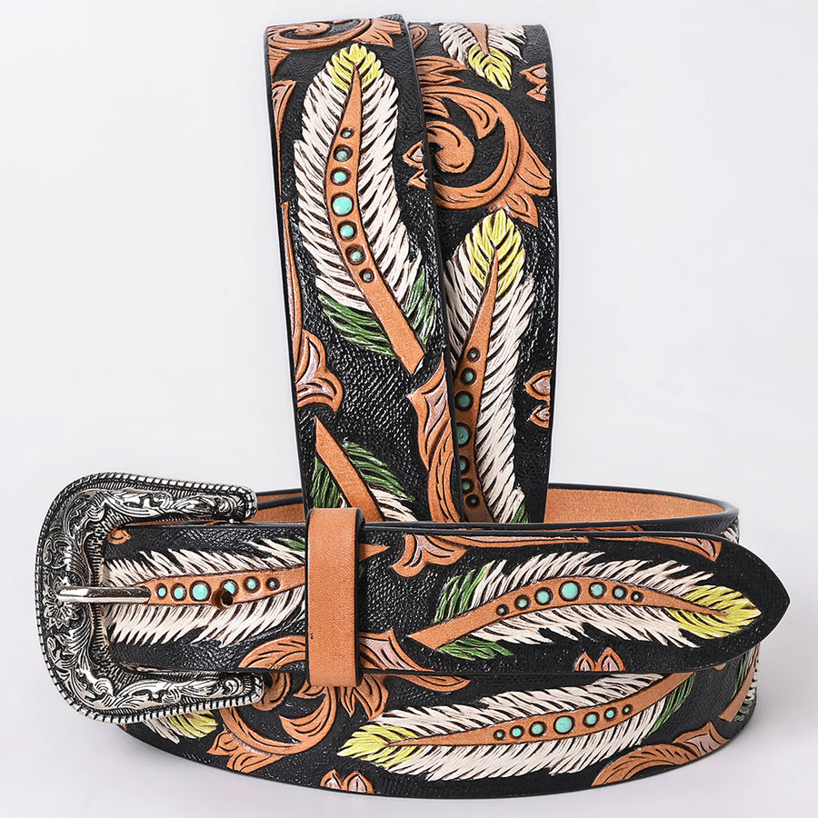 X-Lg American Darling Leaf Hand Carved Men Women Genuine American Leather Belt Brown/Black Inlay Gorgeous Hand - Uhorse