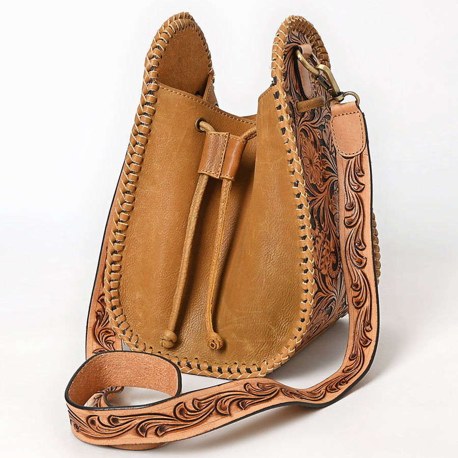 American Darling Braided Leather Bucket Bag - Hand Tooled Floral Carved Eco-Friendly Vegetable Tanned Full Grain Purse