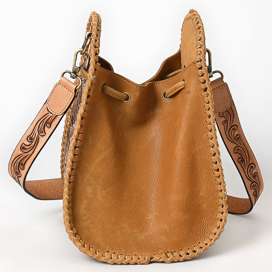 American Darling Braided Leather Bucket Bag - Hand Tooled Floral Carved Eco-Friendly Vegetable Tanned Full Grain Purse