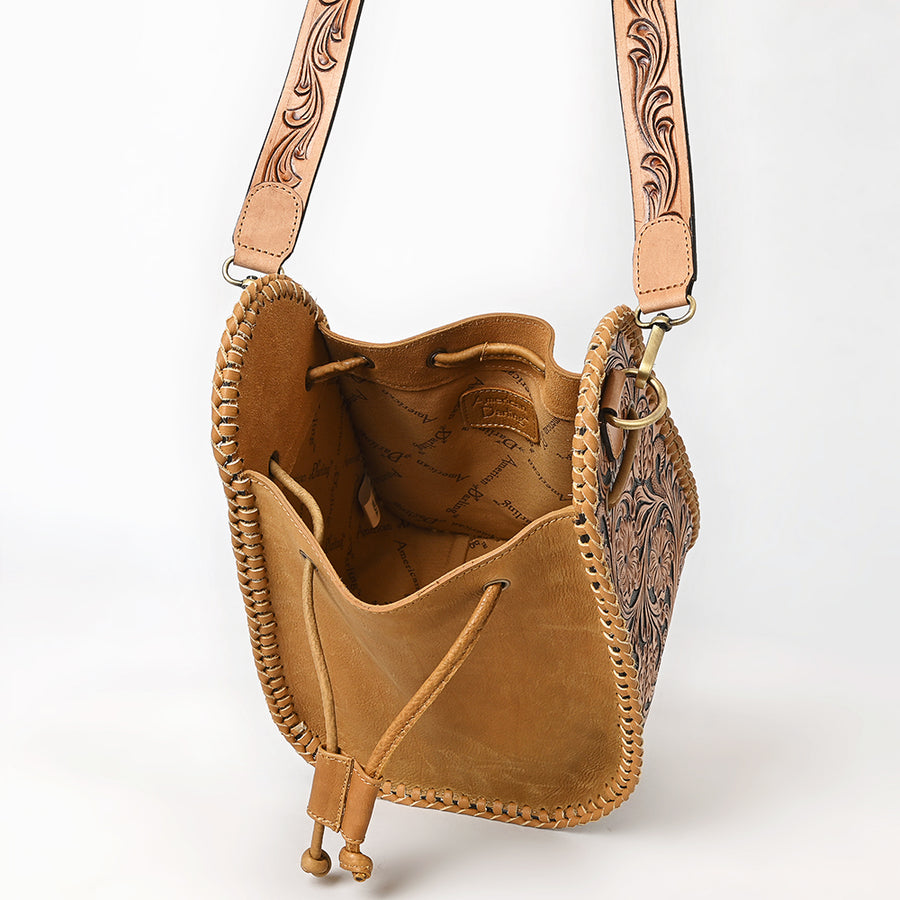American Darling Braided Leather Bucket Bag - Hand Tooled Floral Carved Eco-Friendly Vegetable Tanned Full Grain Purse