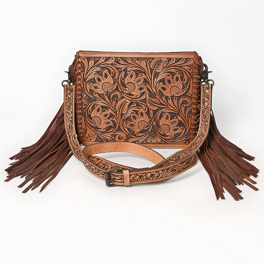 American Darling Messenger Bag Handcrafted from Hand Tooled Floral Carved Genuine Leather with Fringes and YKK Zipper