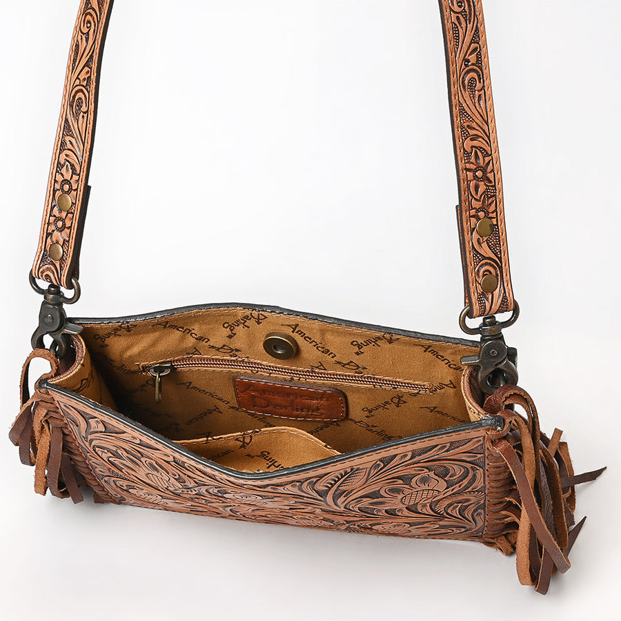 American Darling Messenger Bag Handcrafted from Hand Tooled Floral Carved Genuine Leather with Fringes and YKK Zipper