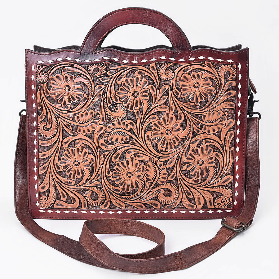 American Darling Briefcase Bag Hand Tooled Floral Carved Buck Stitched Genuine Leather Western Work Bag
